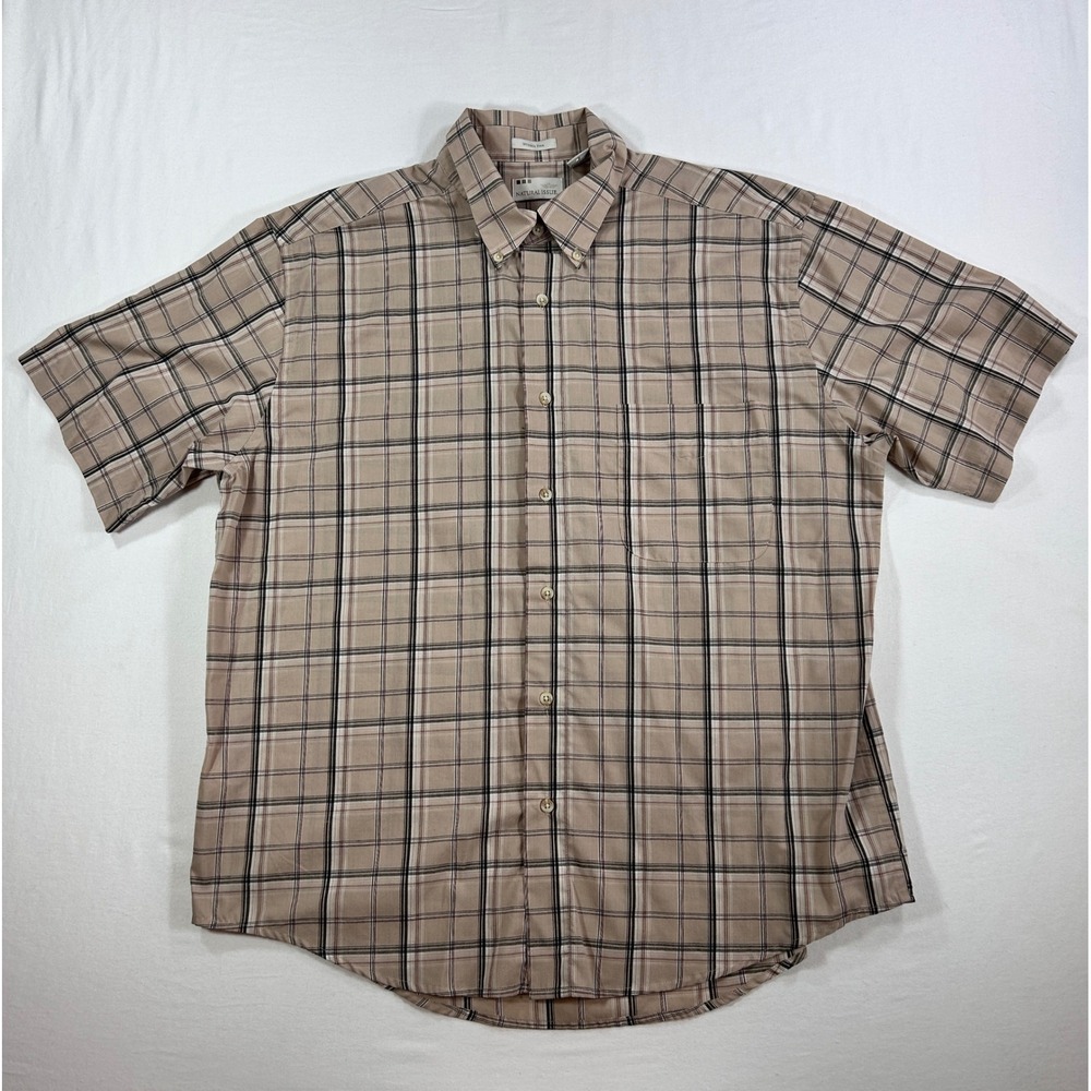 Natural Issue Mens Large Tan Plaid Wrinkle Free Short Sleeve Button Down Shirt